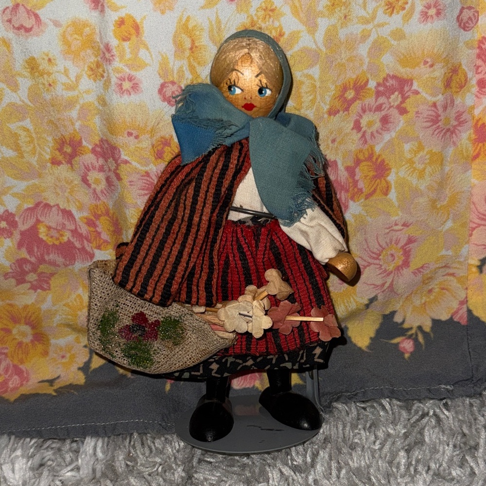 Polish Handcrafted Wooden Doll with Basket of Flowers